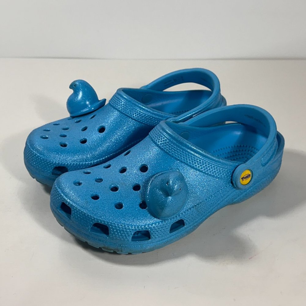 Crocs x Peeps Sparkle Blue Rubber Clogs w/ Peep Jibbitz Women Size 8